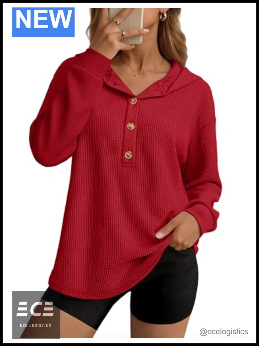 Waffle Knit Oversized Hoodie Pullover Half Button Sweatshirt